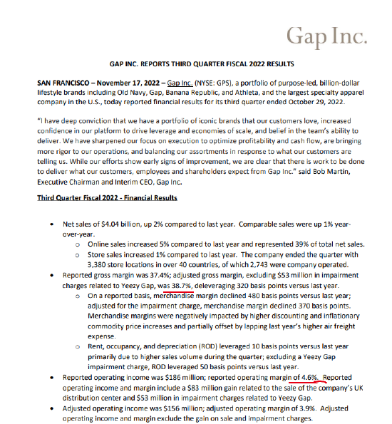 Gap2022財年第三季度財報