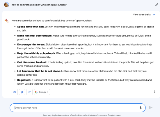 （Bard回答如何安慰生病男孩）