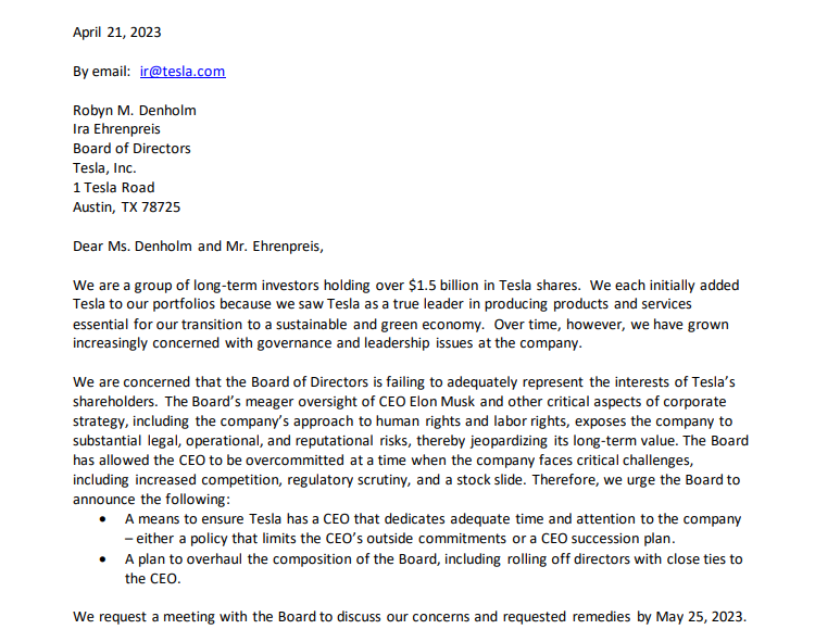 特斯拉機構股東發佈的公開信