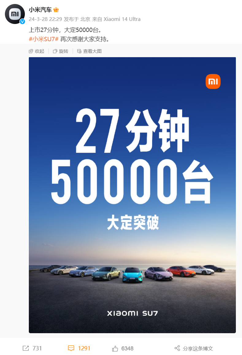 雷神成！小米汽車SU7上市27分鐘 大定破5萬臺