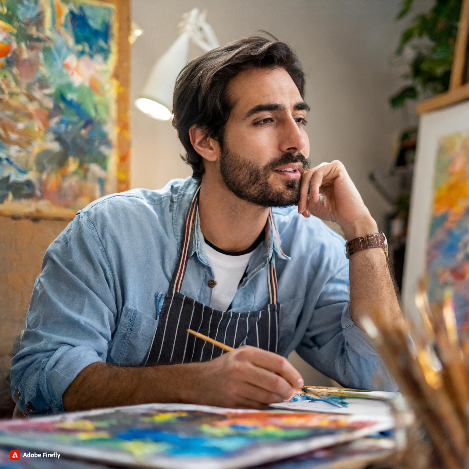 Firefly-An-artist-in-her-studio-sitting-at-desk-looking-pensive-with-tons-of-paintings-and-ethereal-.webp